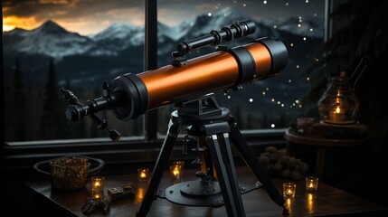 Peering through the lens of a telescope, the mountaintop vista becomes an intimate indoor experience, igniting wonder and curiosity within - obrazy, fototapety, plakaty