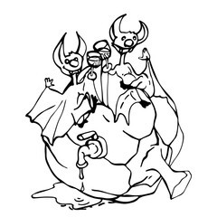 Graphic drawing for the Halloween holiday. Caricature of bats, vampires and pumpkins. Template, contour illustration. Emotions and the human form.