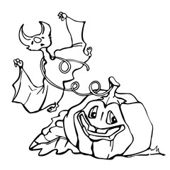 Graphic drawing for the Halloween holiday. Caricature of bats, vampires and pumpkins. Template, contour illustration. Emotions and the human form.