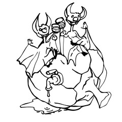 Graphic drawing for the Halloween holiday. Caricature of bats, vampires and pumpkins. Template, contour illustration. Emotions and the human form.