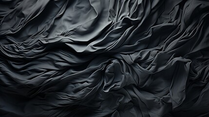 An intricate dance of shadows and light, the black fabric drapes and twists with abstract elegance,...