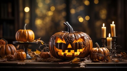 A flickering squash becomes beacon of autumnal celebration, beckoning spirits of halloween with its glowing candle, as trick-or-treaters revel in warm and cozy atmosphere of indoor jack-o-lantern