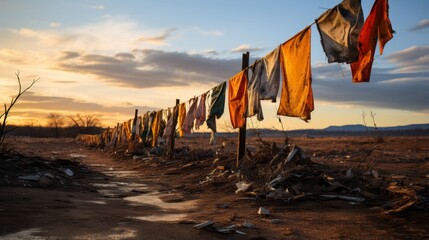 A colorful array of clothes on a line dance against the backdrop of a fiery sky, creating a whimsical outdoor flag amidst the tranquil ground of a beach at sunrise