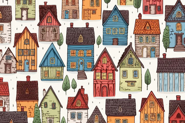 Tudor-style homes quirky doodle pattern, wallpaper, background, cartoon, vector, whimsical Illustration - obrazy, fototapety, plakaty