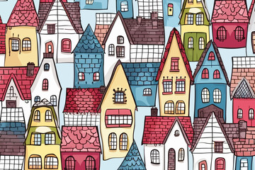 Tudor-style homes quirky doodle pattern, wallpaper, background, cartoon, vector, whimsical Illustration