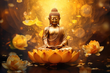 Lotus flowers and gold buddha statue
