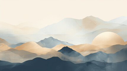 Soft pastel color watercolor abstract brush painting art of beautiful mountains, mountain peak minimalism landscape with golden lines, panorama banner illustration - obrazy, fototapety, plakaty