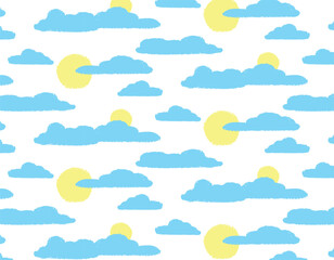Pattern of clouds and sun on a transparent background, vector drawn in pencil. Design for children, textile print.Seamless pattern