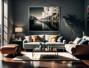 Modern living room interior design with brown sofa, coffee table, mirror and plants. Toned image