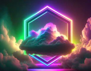 d rendering, abstract neon background with stormy cloud and hexagonal frame glowing with colorful light