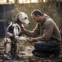 Man petting a futuristic AI robot dog - obrazy, fototapety, plakaty