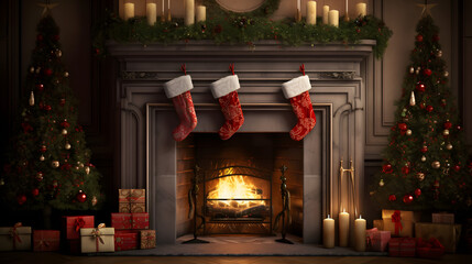 fireplace background fireplace with a decorated mantel and candles on either side with presents and a wreath on the wall behind the fireplace room decorated for christmas fireplace background