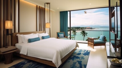 Coastal hotel room with ocean view. Generative AI image AIG30.