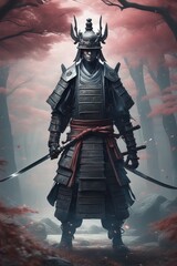 Fototapeta premium Ghost Samurai, samurai warrior bound by a ghostly curse, wearing shabby samurai armor