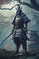 Naklejka premium Ghost Samurai, samurai warrior bound by a ghostly curse, wearing shabby samurai armor