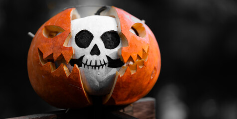 Halloween spooky pumpkin decoration. Selective color image of orange pumpkin shell containing scary scull. Dark blurry background has copy space.