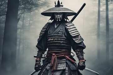 Ghost Samurai, samurai warrior bound by a ghostly curse, wearing shabby samurai armor - obrazy, fototapety, plakaty