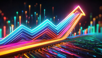 d render, abstract neon arrow ascending. Technological success concept. Glowing colorful lines and bokeh lights - obrazy, fototapety, plakaty