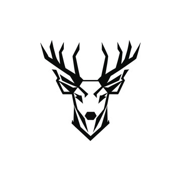 Deer head logo design. Abstract, geometric drawing deer face. Black silhouette of deer with horns. Vector illustration