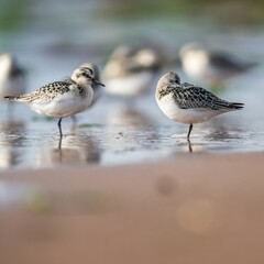 Sanderling, Calidris Alba, birds on the beach at low tide, Dawlish Warren, Devon, England	