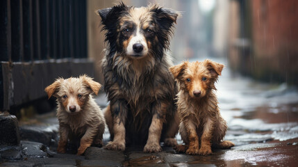 Three sad homeless wet dogs sitting on the street during the rain - obrazy, fototapety, plakaty