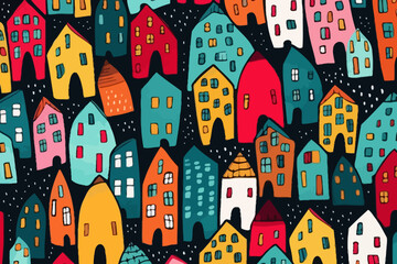 Contemporary homes quirky doodle pattern, wallpaper, background, cartoon, vector, whimsical Illustration