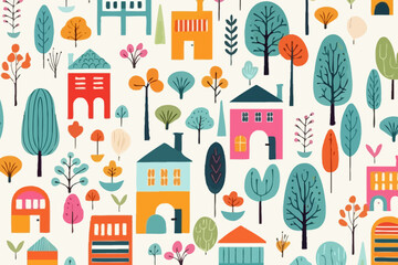Mid-century modern homes quirky doodle pattern, wallpaper, background, cartoon, vector, whimsical Illustration