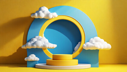d render, abstract sunny yellow background with white clouds and blue round hole. Simple geometric showcase scene with empty podium for product