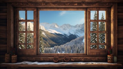  a window with a view of a snowy mountain outside of it.  generative ai