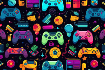 Gaming console quirky doodle pattern, wallpaper, background, cartoon, vector, whimsical Illustration