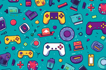 Gaming console quirky doodle pattern, wallpaper, background, cartoon, vector, whimsical Illustration