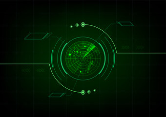 Obraz premium Green radar. HUD radar interface display. Military search system. Concept scan enemy base. Vector illustrator