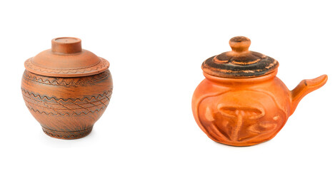 Set of clay pots with lids isolated on white. Collage. Free space for text. Wide photo.