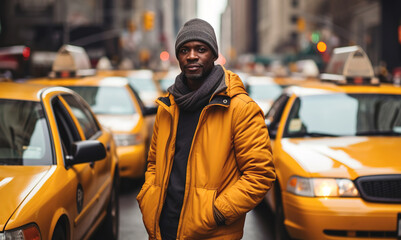 A dark-skinned male taxi driver in the city is waiting for orders.