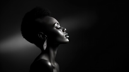 Elegant Black and White Portrait - Attractive Young Black Lady with Short Hair Style, Minimalistic Silhouette