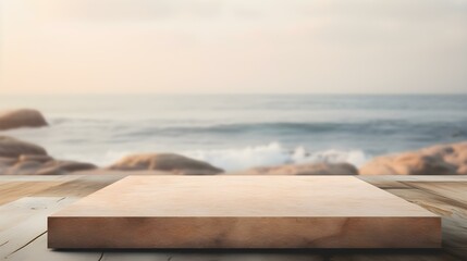 Square Stone Podium in light brown Colors in front of a blurred Seascape. Luxury Backdrop for Product Presentation