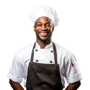 Black male chef standing up, body view, smiling