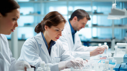 Fototapeta premium Smart young woman pharmacist in product research laboratory carefully dosing and mixing various fluid liquids