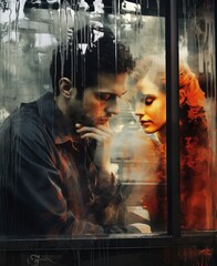young man and a memory of a woman in a rainy window, romantic scenes, photocollage, trapped emotions depicted
