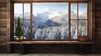  a window with a view of a snowy mountain and forest.  generative ai
