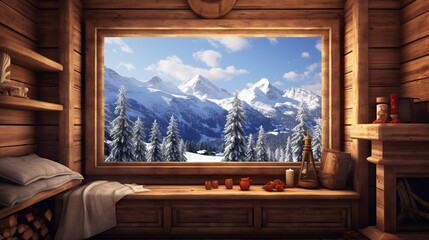  a window view of a snowy mountain range in a cabin.  generative ai