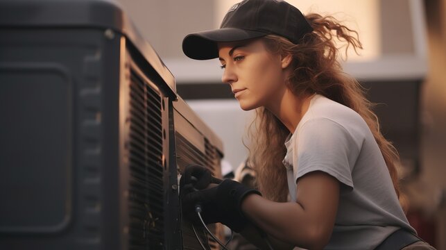 Young woman technician working on air conditioning outdoor unit. Female HVAC worker professional occupation