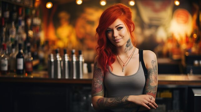 Young woman working as a bartender, red ginger hair, some tattoos, looks a bit cheeky. Blurred alcoholic beverages background