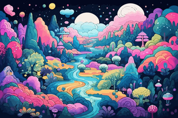 Video game landscape quirky doodle pattern, wallpaper, background, cartoon, vector, whimsical Illustration