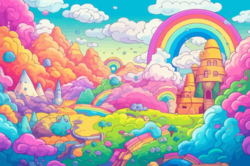 Video game landscape quirky doodle pattern, wallpaper, background, cartoon, vector, whimsical Illustration