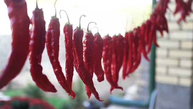 red peppers drying on a string