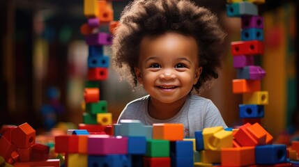 Fototapeta na wymiar Building Blocks Joy - Happy Toddler Playing with Constructor Toys, Cheerful Family Moments, Copy Space