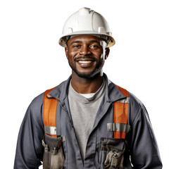Fototapeta premium Black male engineer standing up, body view, smiling