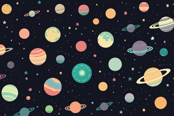 Planetary alignments quirky doodle pattern, wallpaper, background, cartoon, vector, whimsical Illustration