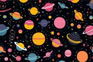 Planetary alignments quirky doodle pattern, wallpaper, background, cartoon, vector, whimsical Illustration